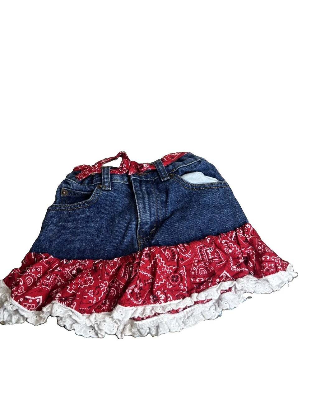 Vintage Girls Kiddie Coral Skirt Red Paisley Bandana Lace Western Boho